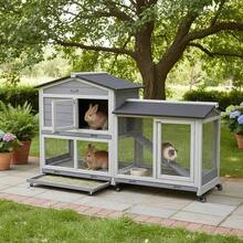 PawHut Small Animal Hutch With Wheels, Dwarf Rabbit Hutch, Outdoor Run, Asphalt Roof, Small Animal House, Dwarf Rabbit Run, Two-Story, Fir Wood, Steel, Grey, 157.4 X 53 X 99.5 Cm-XY683466 - D51-314LG - View 1