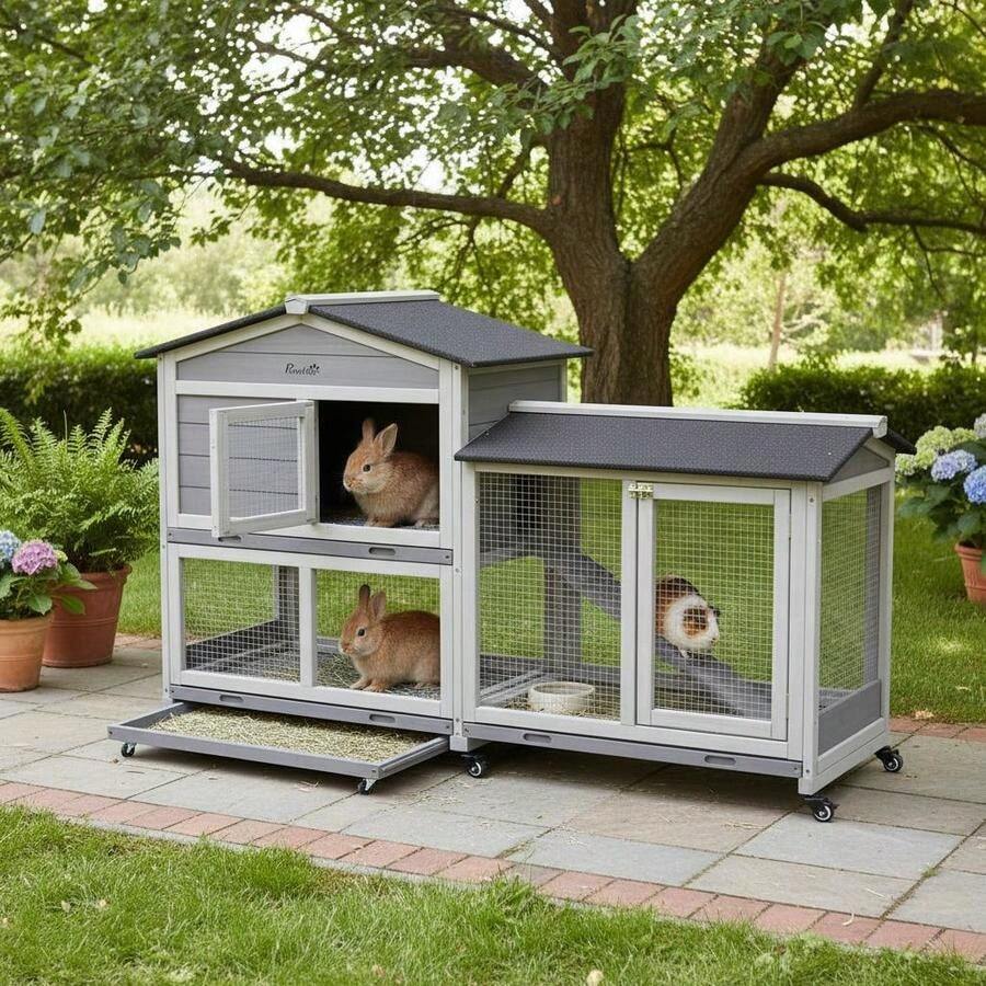 PawHut Small Animal Hutch With Wheels, Dwarf Rabbit Hutch, Outdoor Run, Asphalt Roof, Small Animal House, Dwarf Rabbit Run, Two-Story, Fir Wood, Steel, Grey, 157.4 X 53 X 99.5 Cm-XY683466 - D51-314LG - View 1
