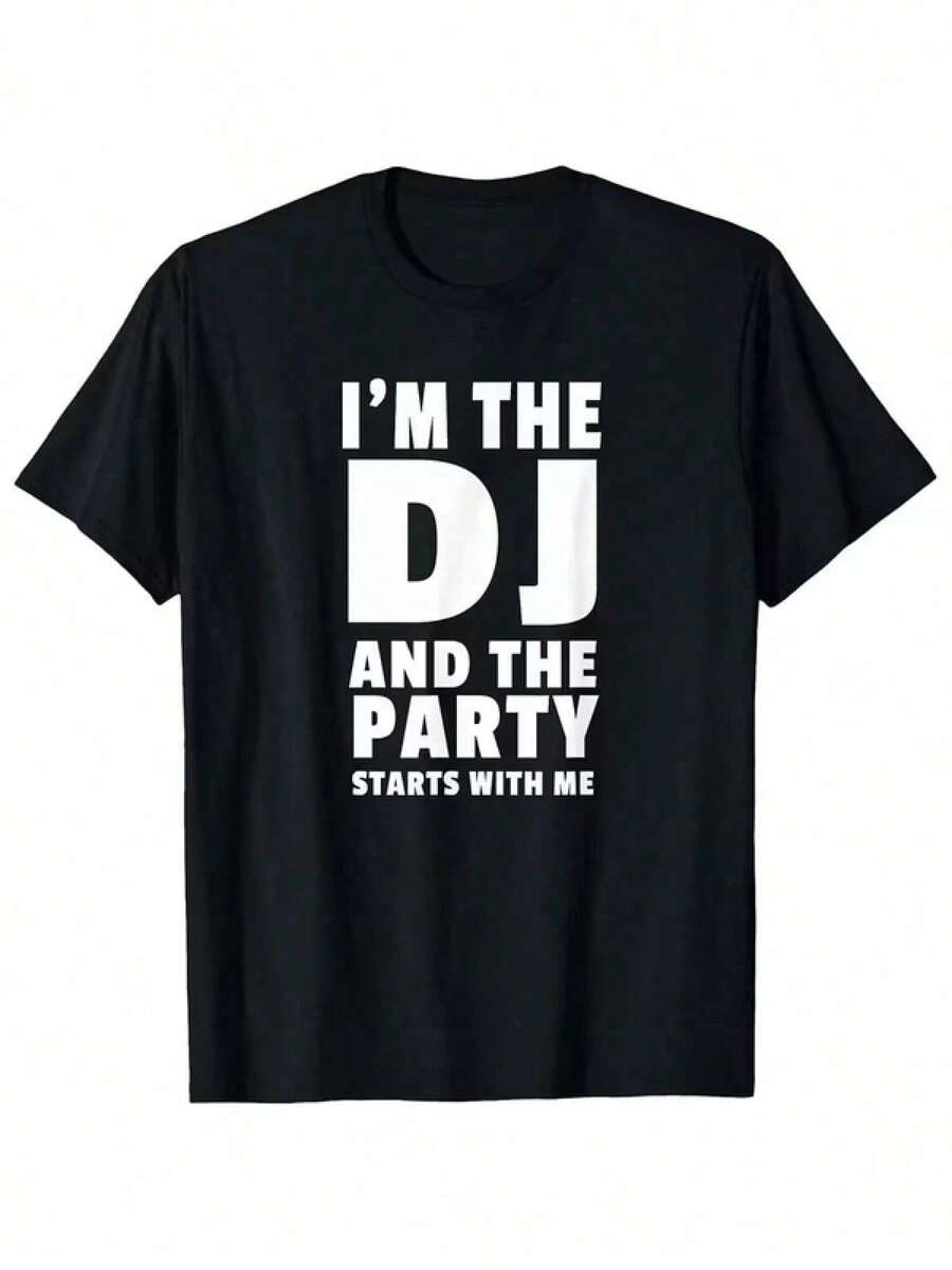 Herren Baumwolle DJ Party Text Rundhals Musik Fan Lässig Sommer T-Shirt Schwarz T-Shirt GNE0 - Schwarz - Übersicht 1