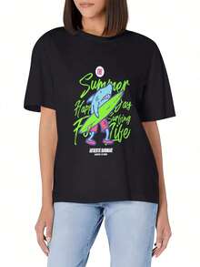 Women Soft Cotton Shark Surf Print Crew Neck Slim Fit Basic Summer Tee Black Tshirt K4AT - Black - View 1