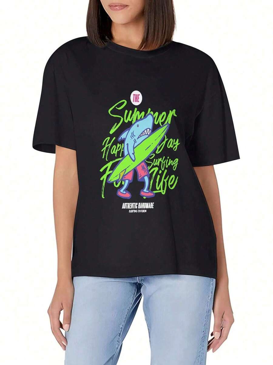 Women Soft Cotton Shark Surf Print Crew Neck Slim Fit Basic Summer Tee Black Tshirt K4AT - Black - View 1