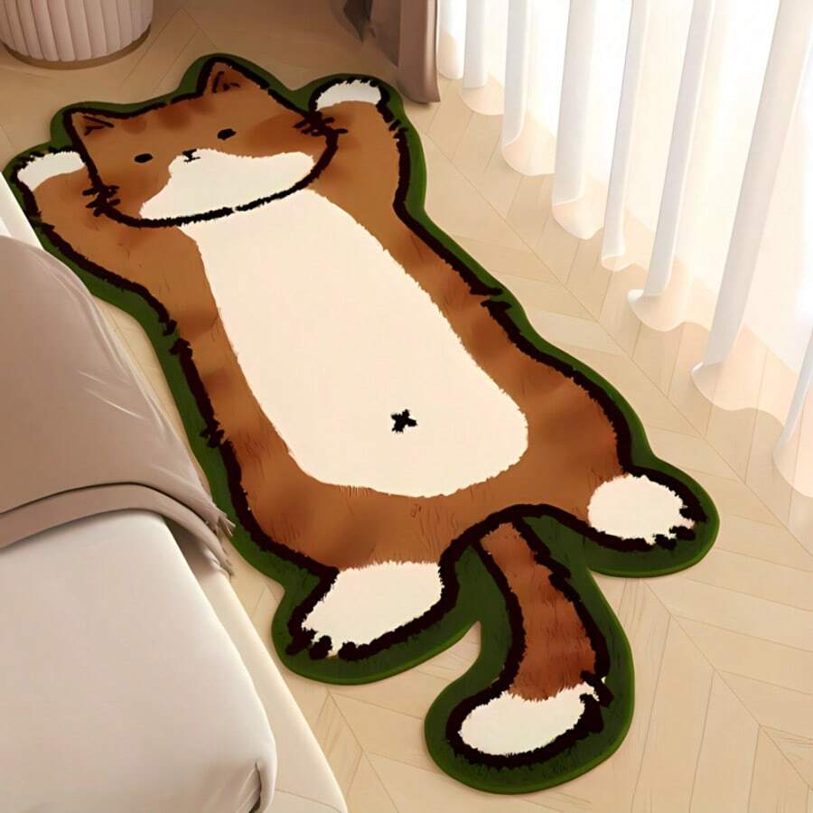 1pc Green Velvet Cat Pattern Asymmetrical Shaped Rug, Cute And Comfortable, Suitable For Bedroom Or Living Room Sofa Mat - Multicolor - View 1