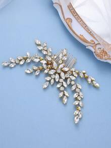 1pc Women's Gold Rhinestone Hair Comb, Elegant Floral Design Bridal Hair Accessory, Suitable For Wedding, Prom And Party - Gold - View 3