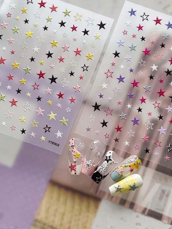 1 Sheet 5D Embossed Pastel Color Star Nail Stickers, All Over Multi-Size Tiny Five-Pointed Star Mixed Design, Self-Adhesive Nail Art Decals For All Seasons Sweet Gentle Manicure