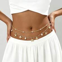 2pcs Classic Bohemian Vacation Style Gold-Tone Rice Bead Chain Waist Chain With Shell, Starfish, Faux Pearl Pendant, Detachable Double Layer Waist Chain For Daily Wear, Party, Date, Beach, Bikini, Elegant And Exquisite Women's Waist Chain - Golden Two-piece Suit - View 3