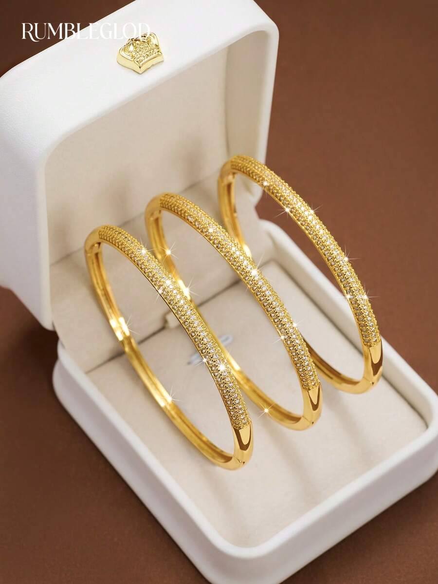 1/2/3 Pcs Classic Shiny Starry Sky Zirconia Inlaid Bracelet, 60mm Diameter, Openable, Suitable For Women's Daily Wear, No Packaging Included - Gold - View 1