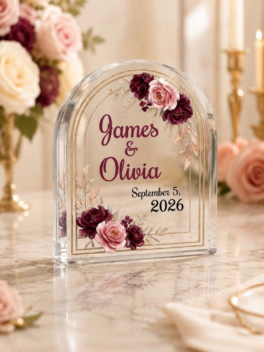 Custom Wedding Acrylic Arch Sign | Personalized Name & Date Engagement Gift | Romantic Couple Commemorative Decor, Love Starts Here - Multicolor - View 1