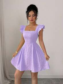 Vestido elegante estilo A con estampado floral, cuello cuadrado francés, mangas cortas, cintura ajustada y tono crema amarillent - Negro - Ver 2