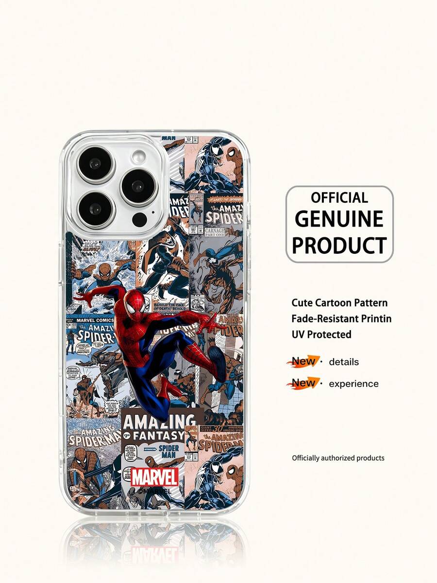 Miniso Marvel 蜘蛛人鋼鐵人卡通男款手機殼,具備磁吸充電功能,適用 iPhone 17 Pro Max/17 Pro/Air/16 Pro Max/15 Plus/14/13/IP 17/15Pro/12 Pro/11/16 Plus/XR,Apple 防摔防刮保護殼 - 透明2 - 查看 1
