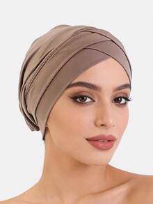 1pc Women's Double Cross Elastic Beanie Hat, Base Cap, Hair Cover Headscarf Hat, Suitable For Daily Use - Khaki - View 46