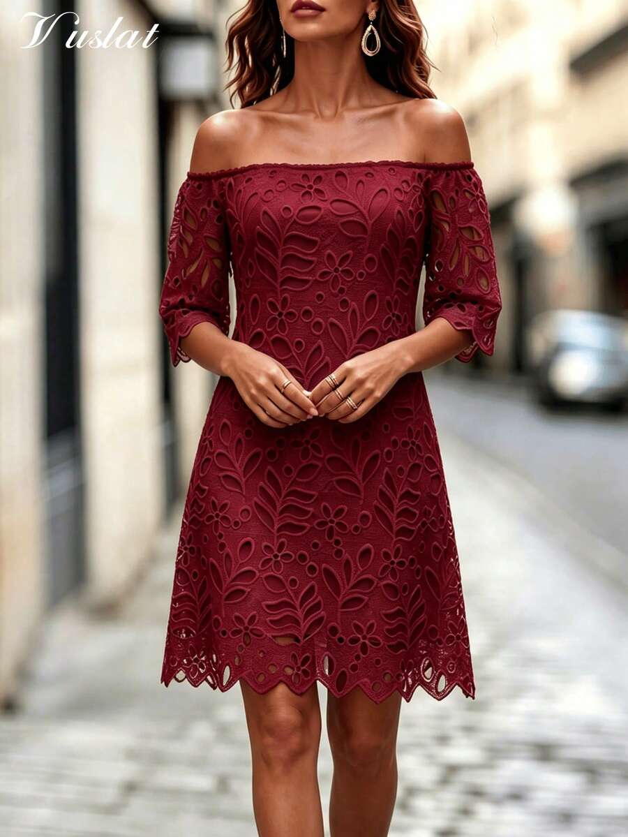 Vuslat 女款秋季法式風情長款時尚休閒刺繡鏤空露肩前排扣無袖中長度收腰 A 字裙,適合上班通勤、派對、外出、休閒度假、返校季、開學季、教師、商務休閒、辦公室正式工作服、婚禮、畢業典禮、假日穿搭、萬聖節 - 酒紅色 - 查看 1