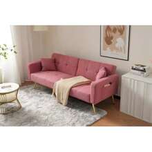 Sofa Bed With Adjustable Angle, Gold Legs, Cushions And Side Storage Pockets. - Pink - View 4