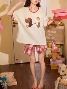 2pcs/Set Women's Pajamas Loungewear Set, Cute Puppy Print Pattern Simple Casual Japanese Style Fashion Pullover Round Neck Short Sleeve Shorts, Comfortable For Home Wear - Multicolor - View 2