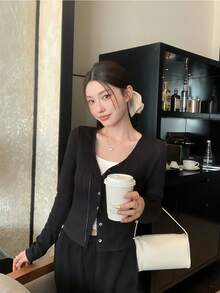 黑色針織薄款女式 INS 上衣 夏季防曬短款外套 空調防冷罩衫 秋季 - 黑色 - 查看 6