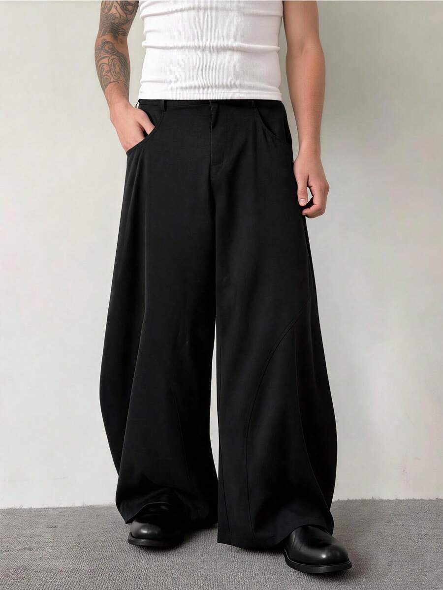 American Street Style Curved Cut Wide Leg Pants, High Street Casual Loose Trousers For Men - Black - View 1