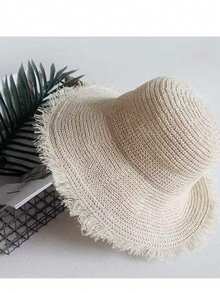 1pc Women's Straw Hat, Spring/Summer Beach Seaside Travel Sun Protection Vacation Wide Brim Sun Hat, Bohemian Style - Beige - View 4
