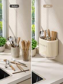 Multifunctional Cutlery Organizer And Holder For Knives, Forks, Spoons, And Chopsticks, Equipped With A Transparent Drip Tray; Features A Durable Beige Design That Neatly Stores Various Utensils, Suitable For Kitchen Countertops Or Dining - View 5