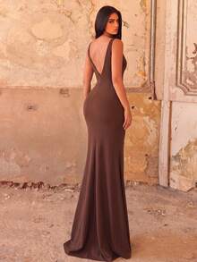 Faeriesty Women's Elegant Sleeveless Round Neck Ruffle Hem Slit Maxi Dress, Luxurious Formal Evening Gown Party Brown Wedding Fall - Brown - View 2