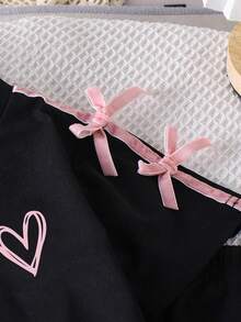 Tween Girl Heart Print Round Neck Short Sleeve Top And Pants Set - Black - View 4