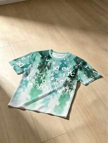 Men Plus Size Gradient Letter Graffiti Pattern T-Shirt, Vintage Distressed Style, Round Neck Loose Short Sleeve Tee, Polyester Knit Fabric - Multicolor - View 2
