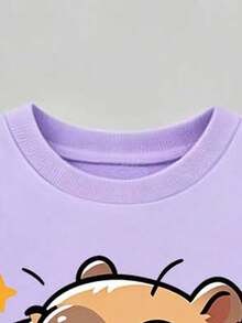 Baby Girl Cartoon Capybara Print Crew Neck Long Sleeve Top And Fitted Long Pants - Purple - View 4