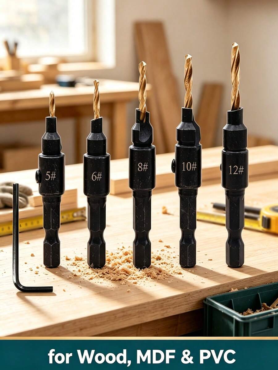 Adjustable Countersink Drill Bit Set, 5 Sizes #5/#6/#8/#10/#12 Hex Shank Wood Chamfer Drill Bits, Dual Purpose Drill & Countersink Bits For Solid Wood MDF Particleboard PVC - A - View 1