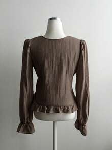 Blus Wanita Warna Polos Berlipit, Modis, Serbaguna, Kasual Sehari-hari, Musim Panas - Cokelat - View 5
