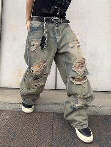 1pc Men's Distressed Wide Leg Jeans, American Vintage Ripped High Street Casual Loose Long Pants (Product Does Not Include Belt And Accessories) - Blue - View 4