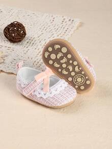 1 Pair Girls Solid Color Fabric Lace Trim Fashion Versatile Cute Infant Princess Shoes, Suitable For Party, Spring And Autumn - Pink - View 10