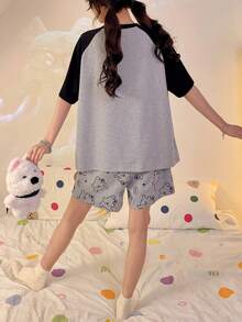 2pcs Women's Pajama Loungewear Set, Cute Animal Print Pattern Pullover Round Neck Casual Short Sleeve, Spring/Summer - Grey - View 4
