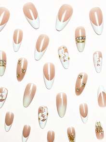Change Your Nails With It 24片/組 杏仁形不對稱金箔法式水鑽液態沙 3D白色花朵穿戴假指甲，含1片果凍膠與1片指甲锉，適合所有女士/女孩日常配戴、假日派對、婚禮派對，春夏必備美甲用品 - 彩色 - 查看 2