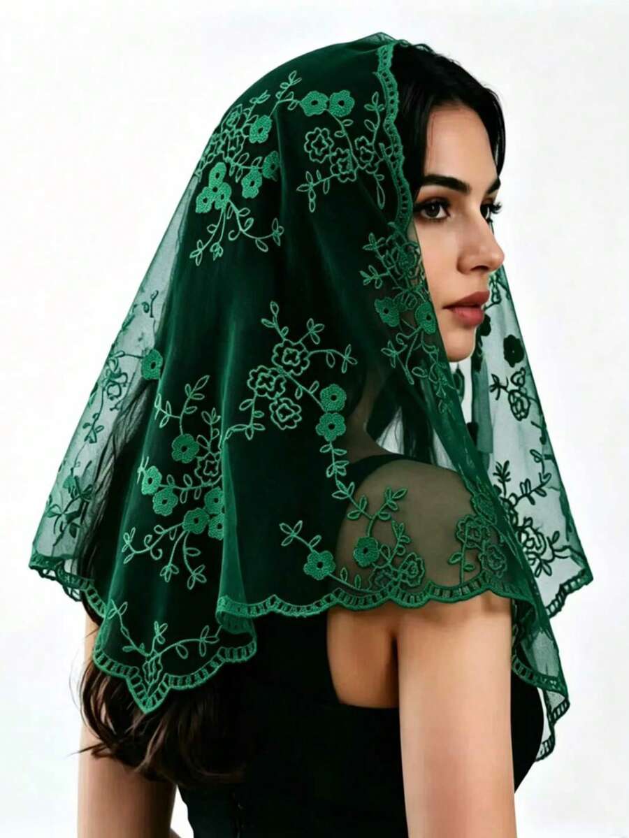1PC Women's Solid Color Floral Lace Triangle Scarf, Lace Mantilla Veil, Triangle Lace Veil, Minimalist Elegant Elegant Lightweight Sheer Triangle Scarf, Bridal Veil, Hollow Lace Trim Decorated Wedding Veil Headscarf, Boho Chic, Wedding Veil, Fashionable Versatile Suitable For Banquet, Ball, Outdoor Photography, Wedding, Match With Dress, Scarf Dress - Multicolor - View 1
