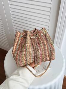 Mini New Fashion Straw Woven Gold Chain Drawstring Bucket Bag Beach Bag - Red - View 6