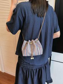Mini New Fashion Straw Woven Gold Chain Drawstring Bucket Bag Beach Bag - Blue - View 6