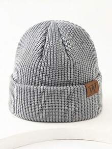 1pc Men's Leather Label W Beanie Knit Hat - White - View 4
