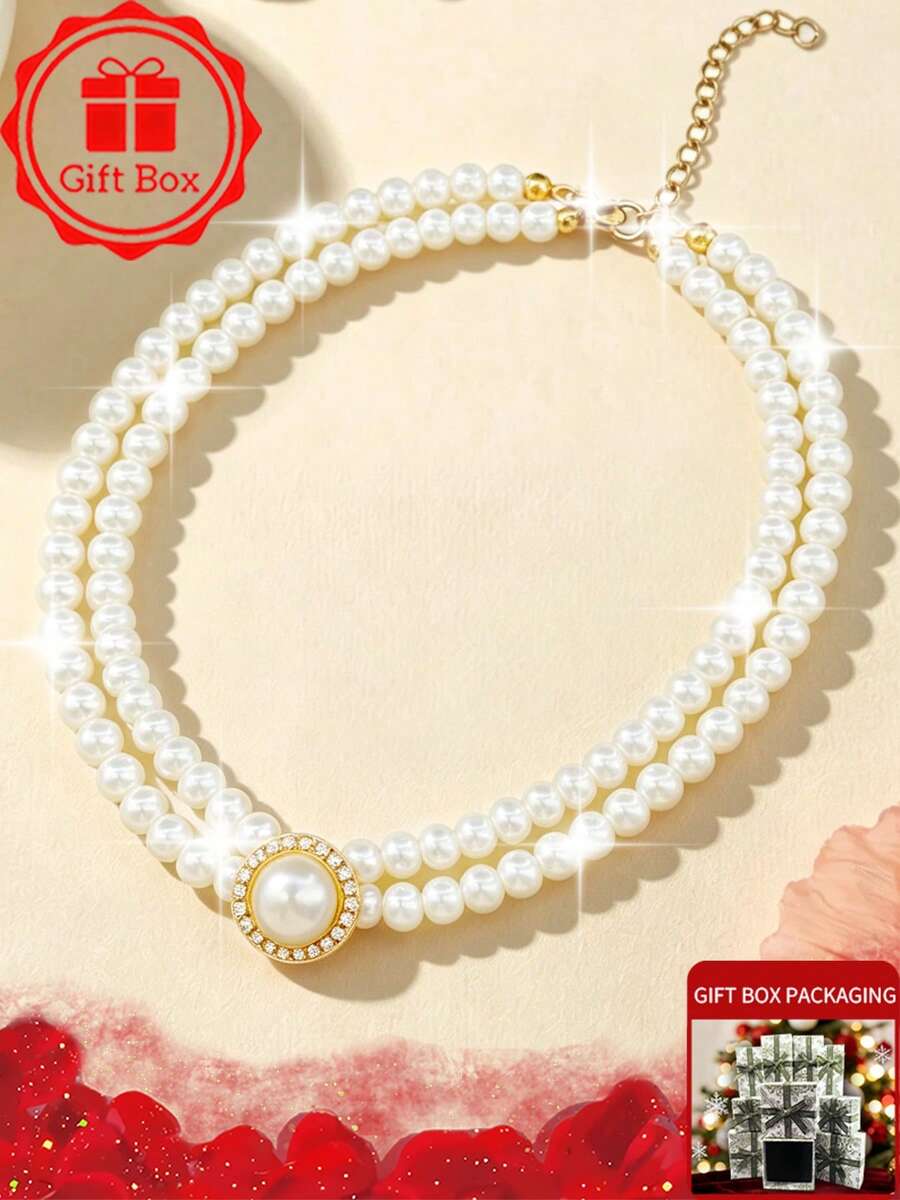 1pc Elegant Double Layer Faux Pearl Necklace With Gift Box, Vintage Rhinestone Pearl Pendant Necklace, Showcasing Feminine Charm And Exuding Classical Elegance, Ideal Gift For Weddings, Proms, Birthday Parties - White - View 1