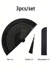 Elegant Black Vintage Bamboo Folding Fan, Vintage Chinese/Japanese Style With Tassel, Cool For Summer, Exquisite White Polka Dot Design, Lightweight And Portable, Suitable For Dance, Home Decor, Beach Vacation And Travel - Multiple Styles - View 13