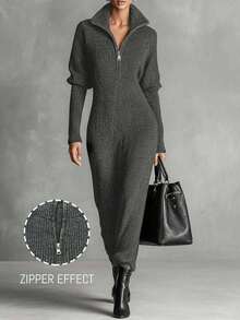 Gaun Rajut Bergaris Leher Tinggi Setengah Resleting Elegan untuk Wanita, Gaya Busana Jalanan Minimalis Elegan untuk Berbelanja dan Aktivitas Sehari-hari di Musim Gugur - Dark Grey - View 7