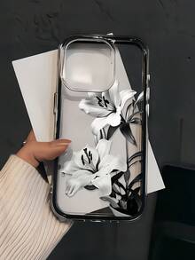 1件裝黑色邊框透明極簡鏡頭保護防摔防撞黑白百合花紋手機殼，個性化適用於 16 Pro Max/17/16/15/14 Plus/13/12/11/Air - 彩色 - 查看 2