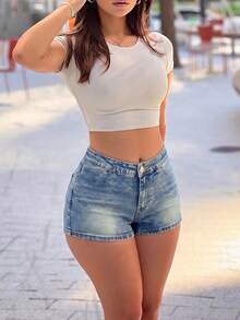 Y2K Streetwear Summer Hot Denim Shorts - Distressed With Rolled Up Hems - 藍色懷舊 - 查看 2
