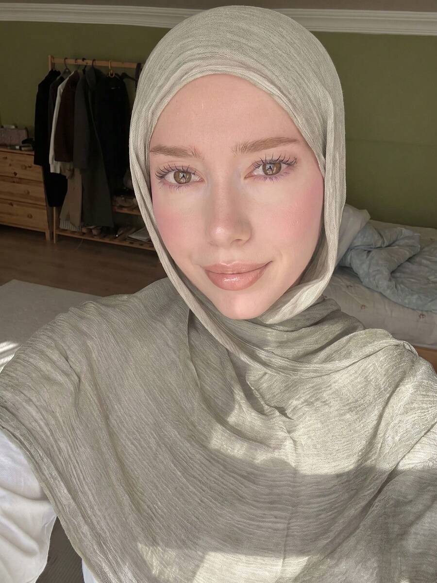 1pc Dirty Wash Arabic Hijab, Thin Solid Color Lightweight Casual Long Scarf, Suitable For Daily Use, Raffeld Hijab - Mist Green - View 1