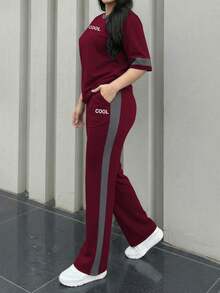 女款春夏秋新款圓領短袖T恤與休閒日常彈性腰鬆身長褲兩件套 - 酒紅色199 - 查看 2
