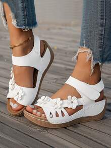 Women's Color Block Platform Sandals, Casual Open Toe Thick Bottom Flat Shoes, Comfortable Beach Slippers - White - View 2