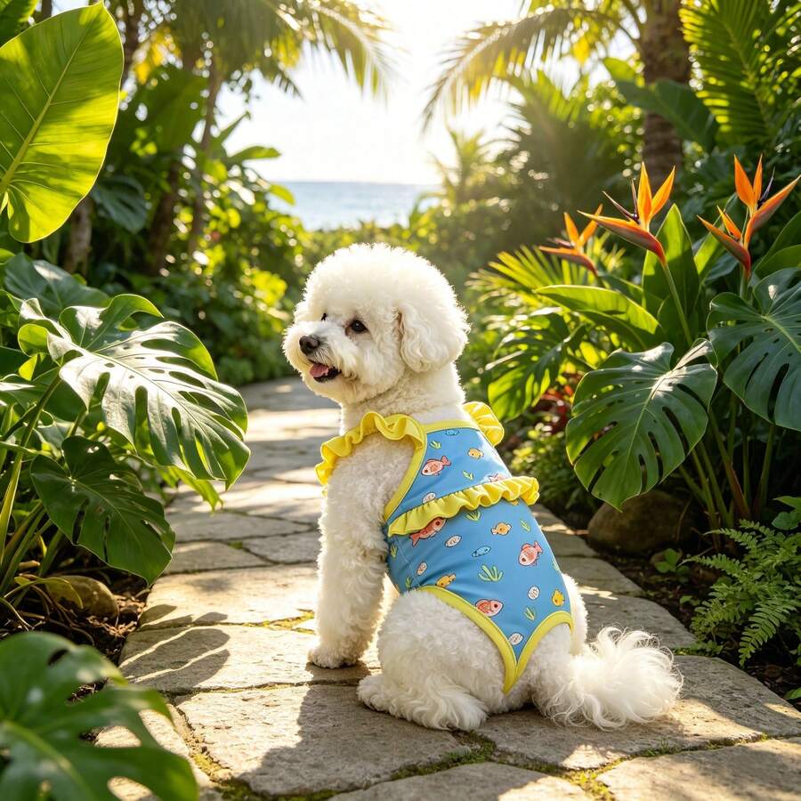 Pet Swimwear For Beach Vacation, Blue & Yellow Contrast Fish Pattern Design, Breathable & Quick-Drying, Designed For Small Dogs & Cats, Suitable For Swimming & Photo Shoots, Dog Costume, Dog Clothes, Dog Supplies - Multicolor - View 1