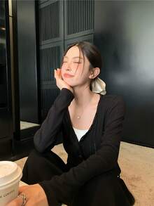 黑色針織薄款女式 INS 上衣 夏季防曬短款外套 空調防冷罩衫 秋季 - 黑色 - 查看 5