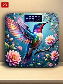 Electronic Digital Bathroom Weight Scale, Colorful Hummingbird Perched On A Branch Surrounded By Flowers, Uses AAA Batteries (Not Included), 1 Pc, Gift For Your Loved Ones And Friends,Tempered Glass Surface,Temperature Detection - A - View 4