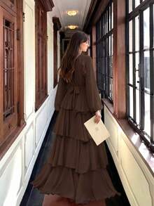 女款新款純色優雅小立領長袖蛋糕層拼接設計時尚奢華收腰顯瘦大裙擺洋裝 純色優雅派對荷葉邊亮片拼接百褶蕾絲/荷葉邊婚禮沙灘 - 咖啡 - 查看 8