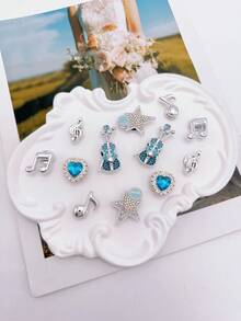 12件組DIY可拆卸花園鞋飾品，藍色水鑽小提琴、愛心、星星、音符鞋夾，多功能鞋飾配件，適用於女款涼鞋、拖鞋、沙灘包，適合假期與生日派對禮物 - 銀色 - 查看 2