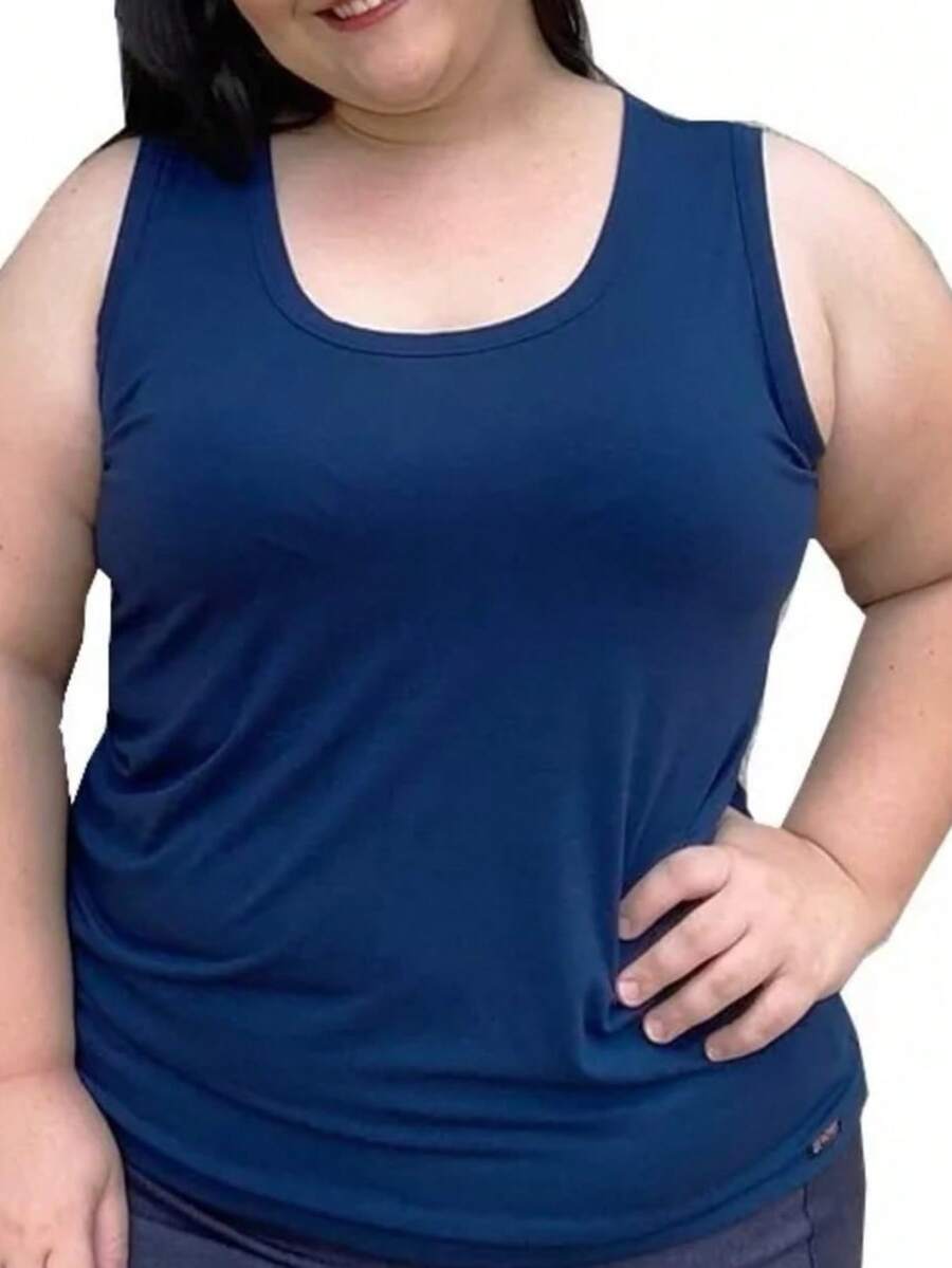Women's Plus Size Sleeveless Tank Top With A Round Neckline, Made Of Highly Stretchy Fabric, And A Regular Length. - Blue and White - View 1