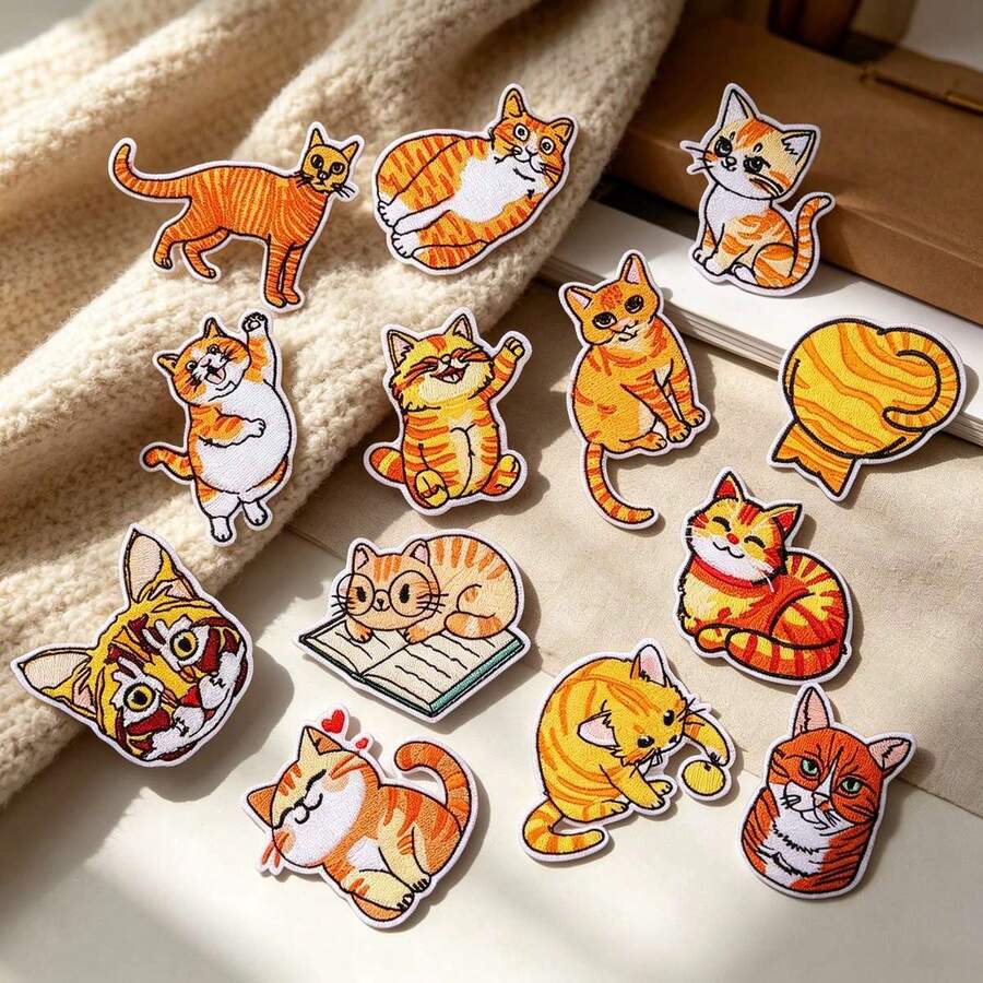 16pcs Orange/Yellow Cute Cat Fabric Patches, Minimalist Knitted Embroidery Design, Suitable For Clothing DIY Decoration, Bag Decoration, Hole Patching, Product Decoration And Embellishment - Kitten - View 1